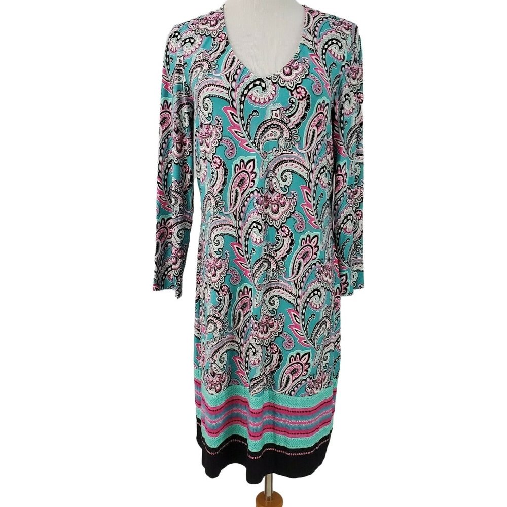 Pappagallo Eden Shift Dress size S Paisley Aqua Stretch 3/4 Sleeve V-nec…